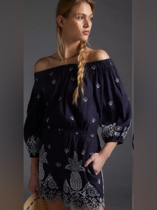 Pants - Farm Rio Anthropologie Linen Blend Pineapple Embroidered Romper Size M